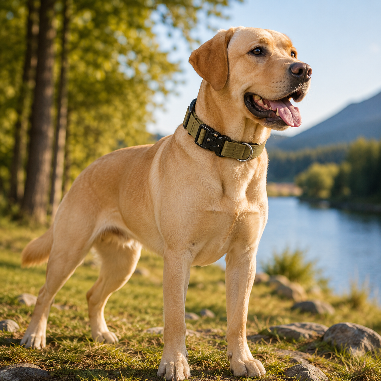 Khaki Tactical Dog Collar for Large Dogs (M size)- Wide Padded Nylon Collar with Quick Release Metal Buckle, Control Handle and D-Ring for Walking and Training
