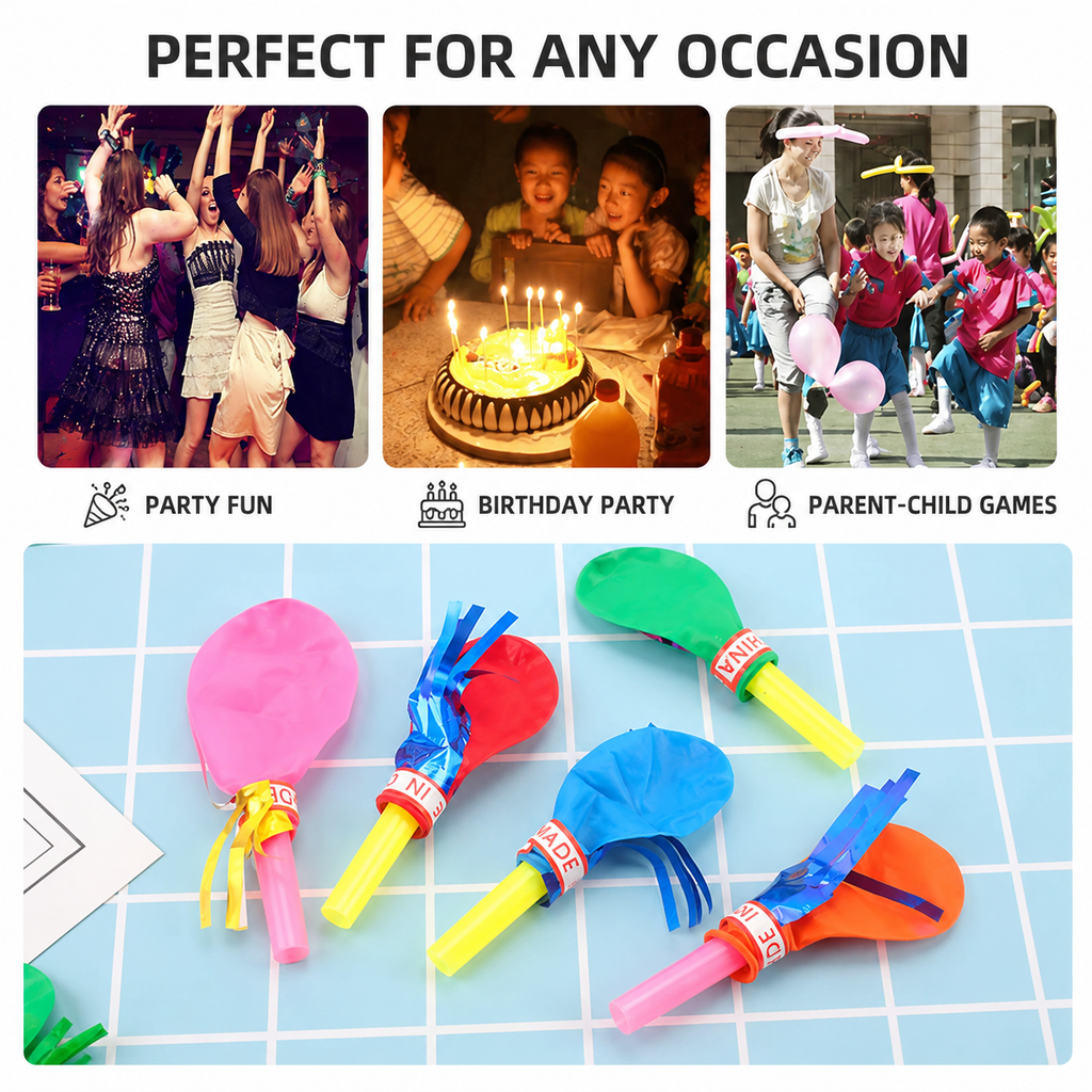 20 Piece Party Whistle and Blowout Set - 10 Whistle Balloons and 10 Party Blowers, Colourful Noise Makers for Birthdays, Celebrations and Party Bags