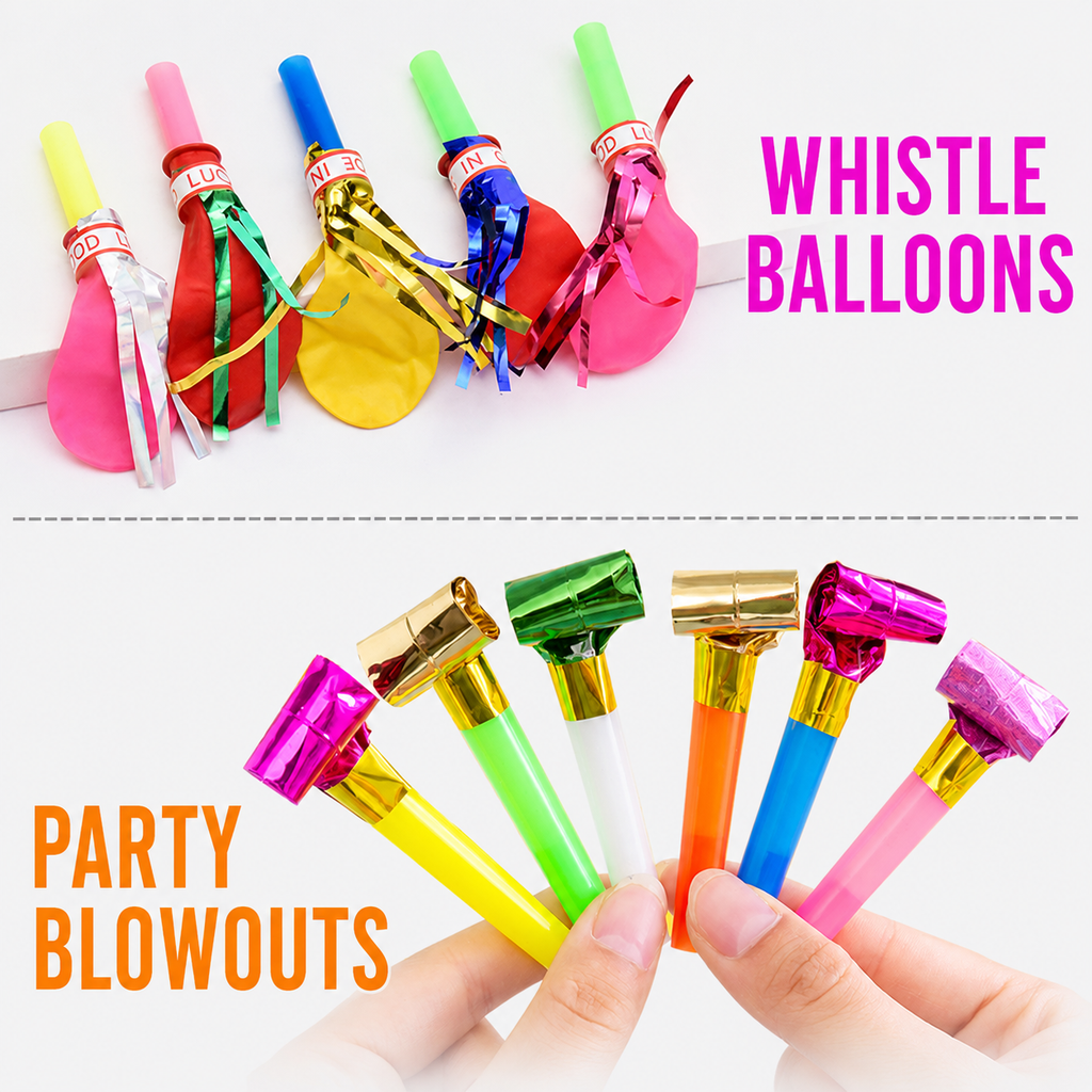 20 Piece Party Whistle and Blowout Set - 10 Whistle Balloons and 10 Party Blowers, Colourful Noise Makers for Birthdays, Celebrations and Party Bags