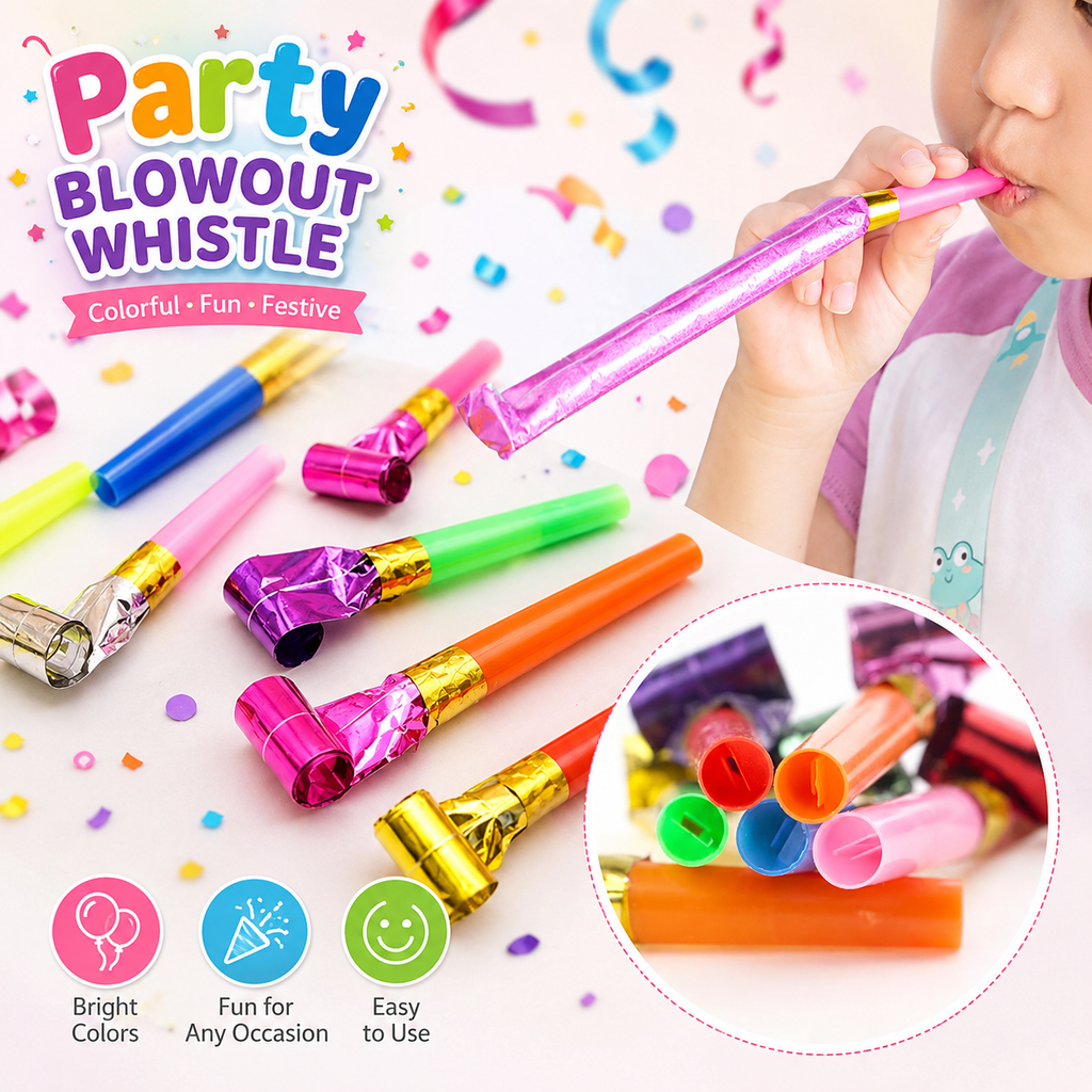 200 Piece Party Whistle and Blowout Set - 100 Whistle Balloons and 100 Party Blowers, Colourful Party Favors for Birthday Parties, Celebrations, Games and Loot Bags