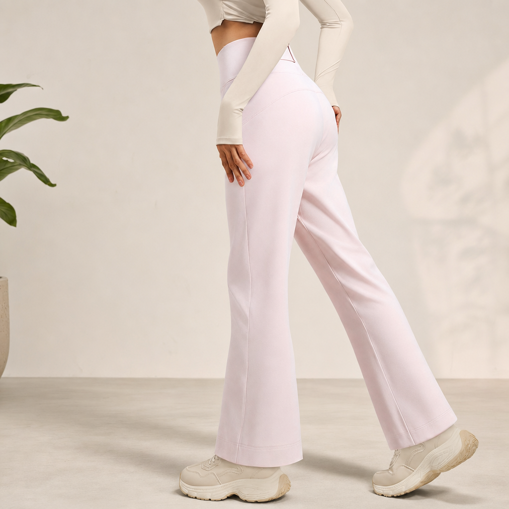 Pink Women's High Waisted Straight Leg Yoga Pants (M size)- Spandex Activewear with Peach Shape Back Detail, Rear Waist Pocket and Relaxed Fit for Pilates and Casual Wear