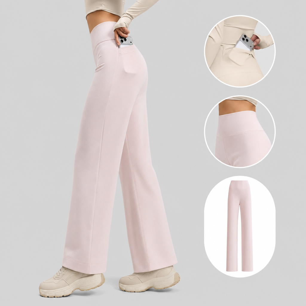 Pink Women's High Waisted Straight Leg Yoga Pants (M size)- Spandex Activewear with Peach Shape Back Detail, Rear Waist Pocket and Relaxed Fit for Pilates and Casual Wear