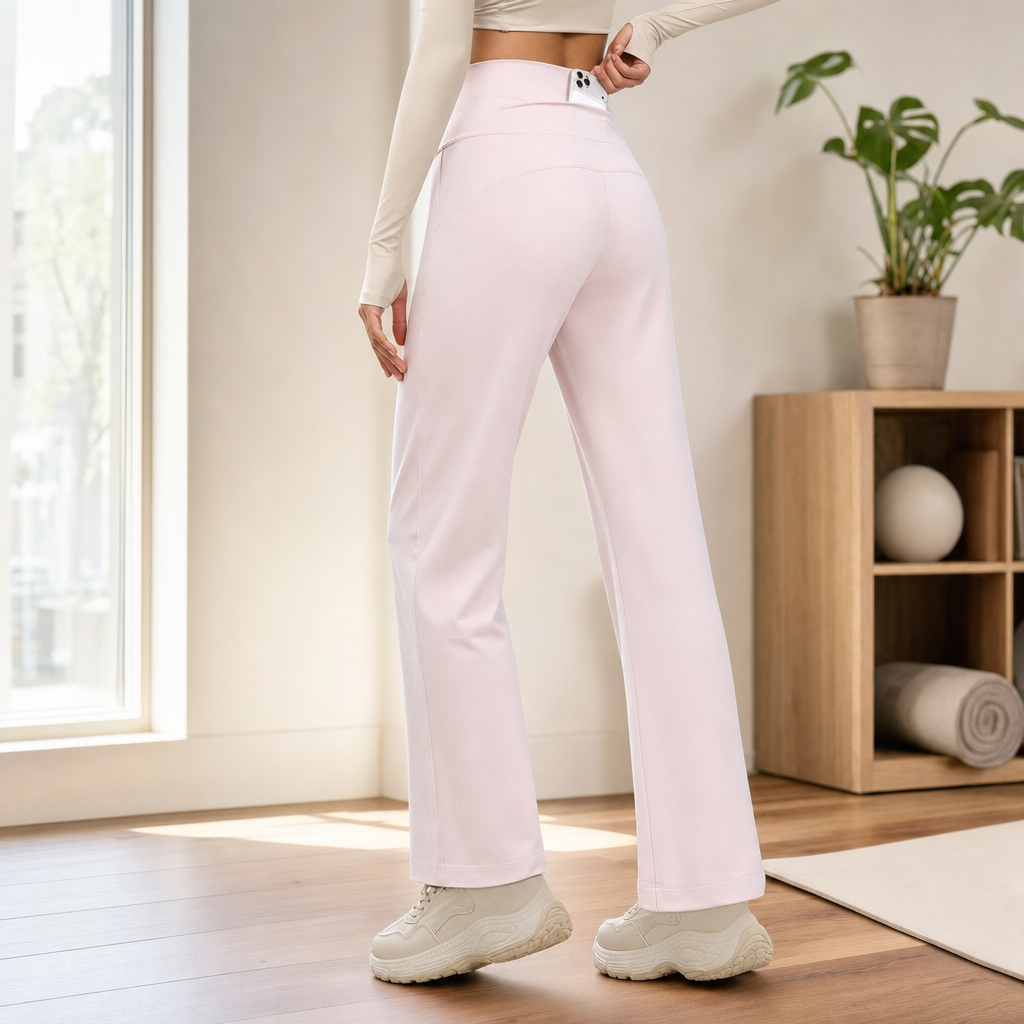 Pink Women's High Waisted Straight Leg Yoga Pants (L size)- Spandex Activewear with Peach Shape Back Detail, Rear Waist Pocket and Relaxed Fit for Pilates and Casual Wear