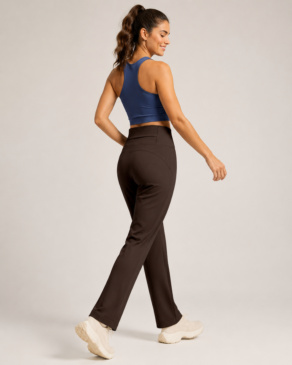 Women's High Waisted Straight Leg Yoga Pants (M size) - Coffee Brown, Relaxed Full Length Fit with Rear Waist Pocket for Yoga, Pilates, Walking and Everyday Athleisure