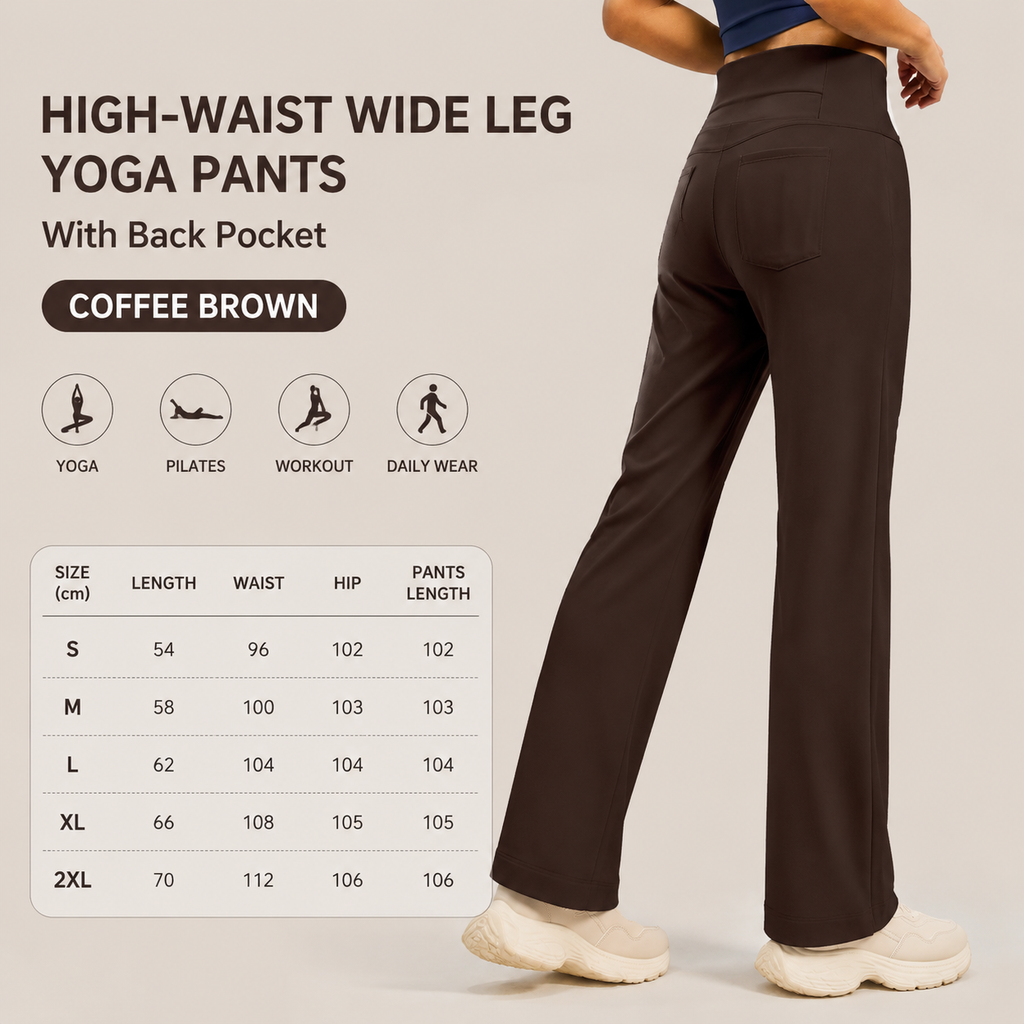 Women's High Waisted Straight Leg Yoga Pants (M size) - Coffee Brown, Relaxed Full Length Fit with Rear Waist Pocket for Yoga, Pilates, Walking and Everyday Athleisure