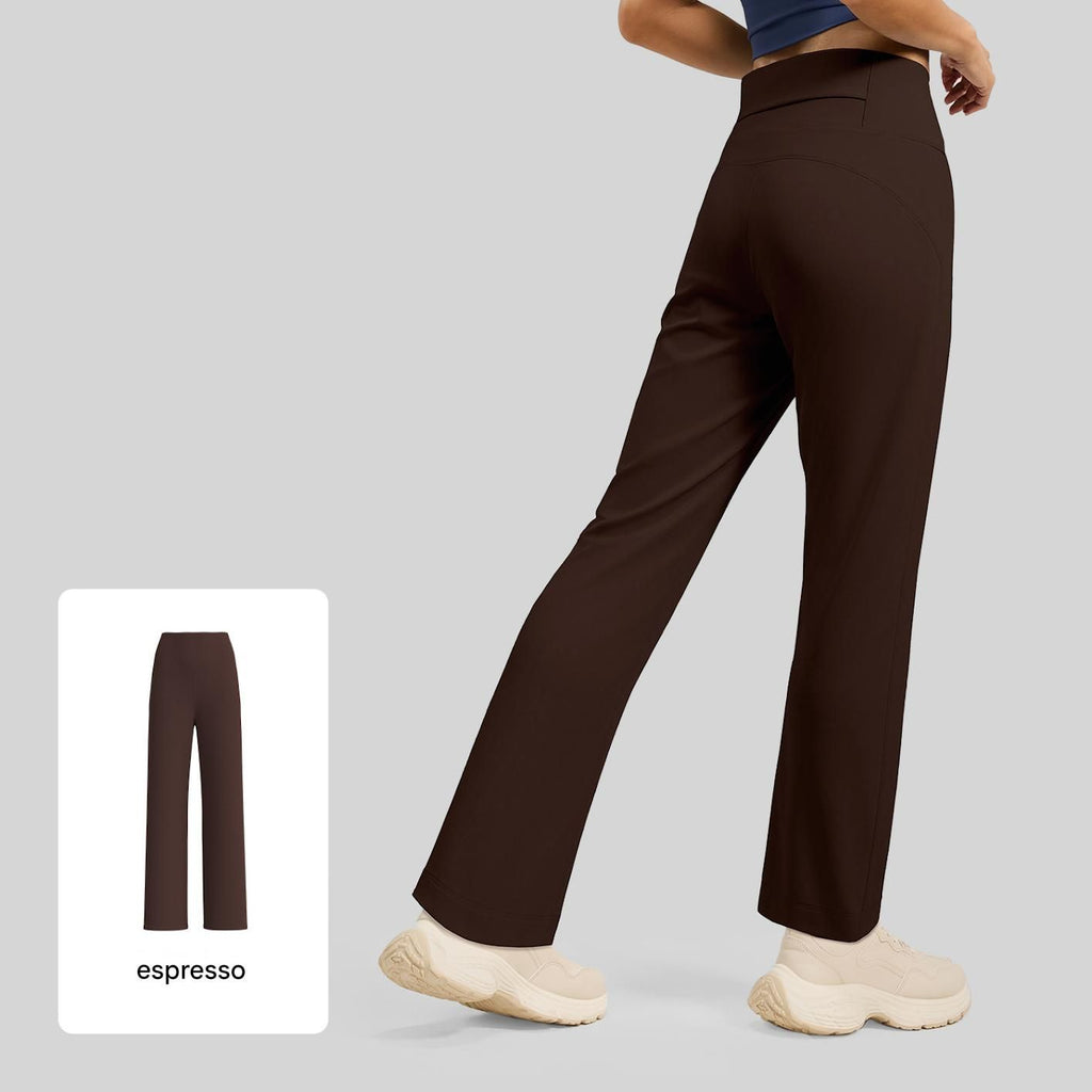Women's High Waisted Straight Leg Yoga Pants (L size) - Coffee Brown, Relaxed Full Length Fit with Rear Waist Pocket for Yoga, Pilates, Walking and Everyday Athleisure