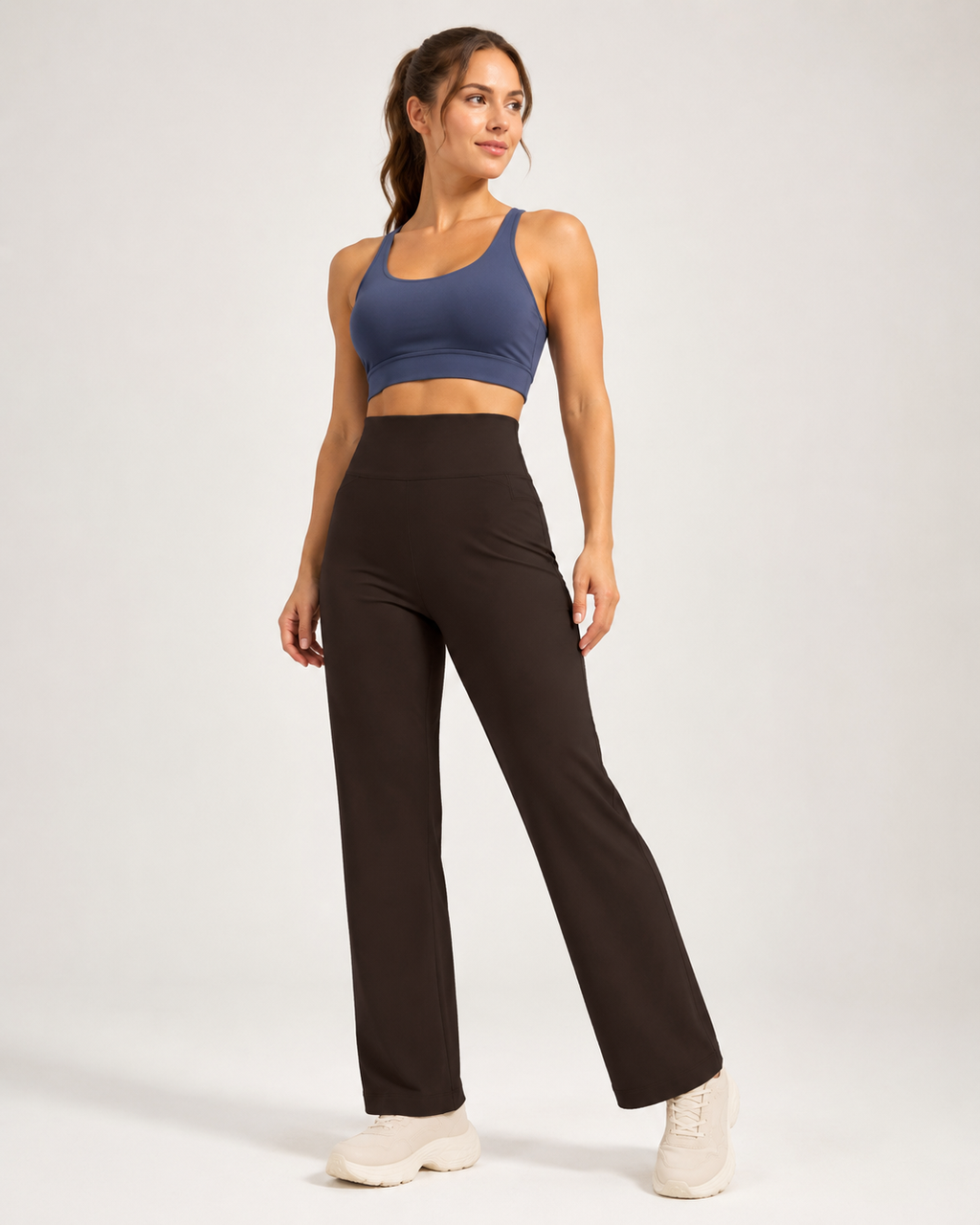 Women's High Waisted Straight Leg Yoga Pants (XL size) - Coffee Brown, Relaxed Full Length Fit with Rear Waist Pocket for Yoga, Pilates, Walking and Everyday Athleisure