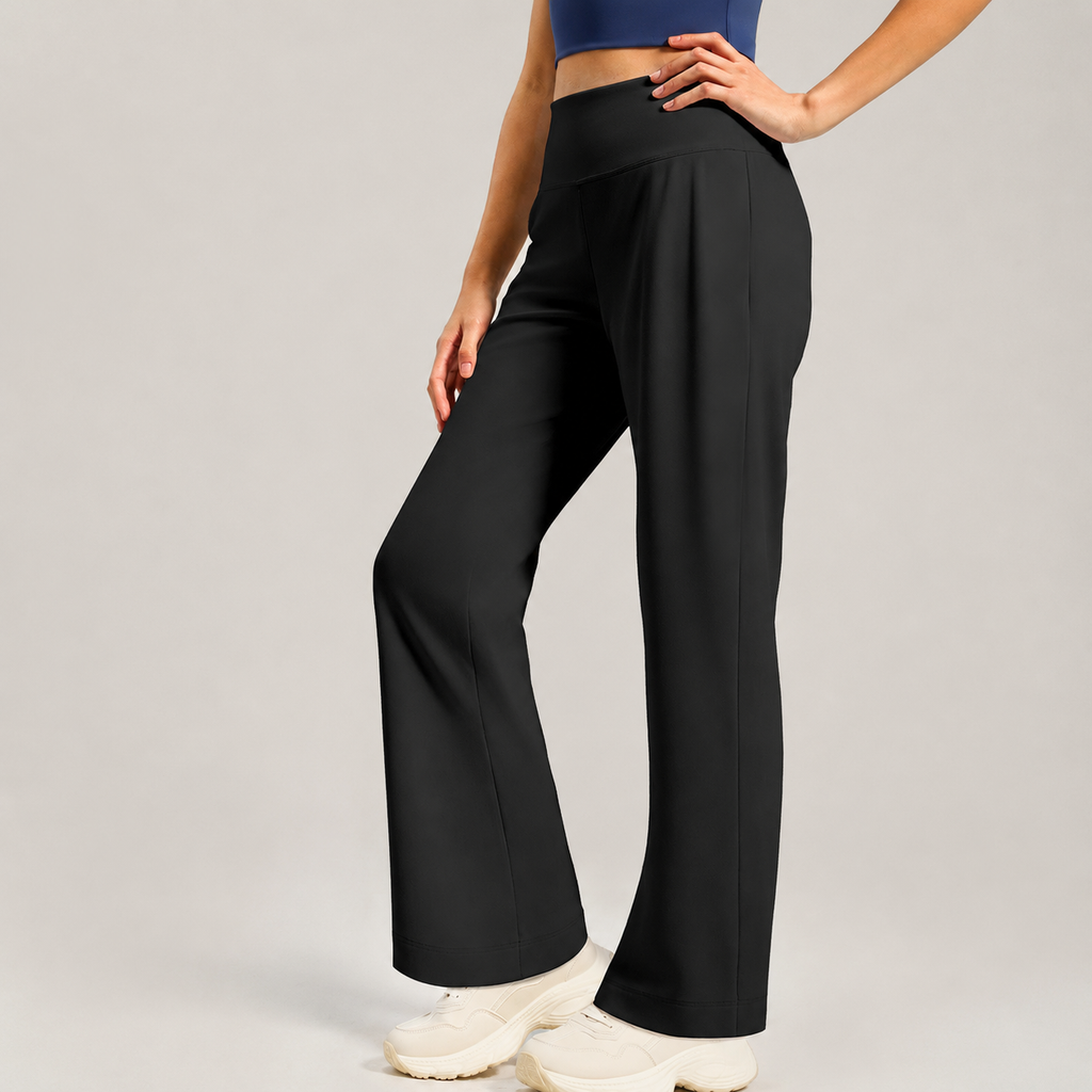 Black Womens High Waist Straight Leg Yoga Pants (S size)- Loose Fit Full Length Activewear with Rear Waistband Pocket for Pilates, Studio and Everyday Wear