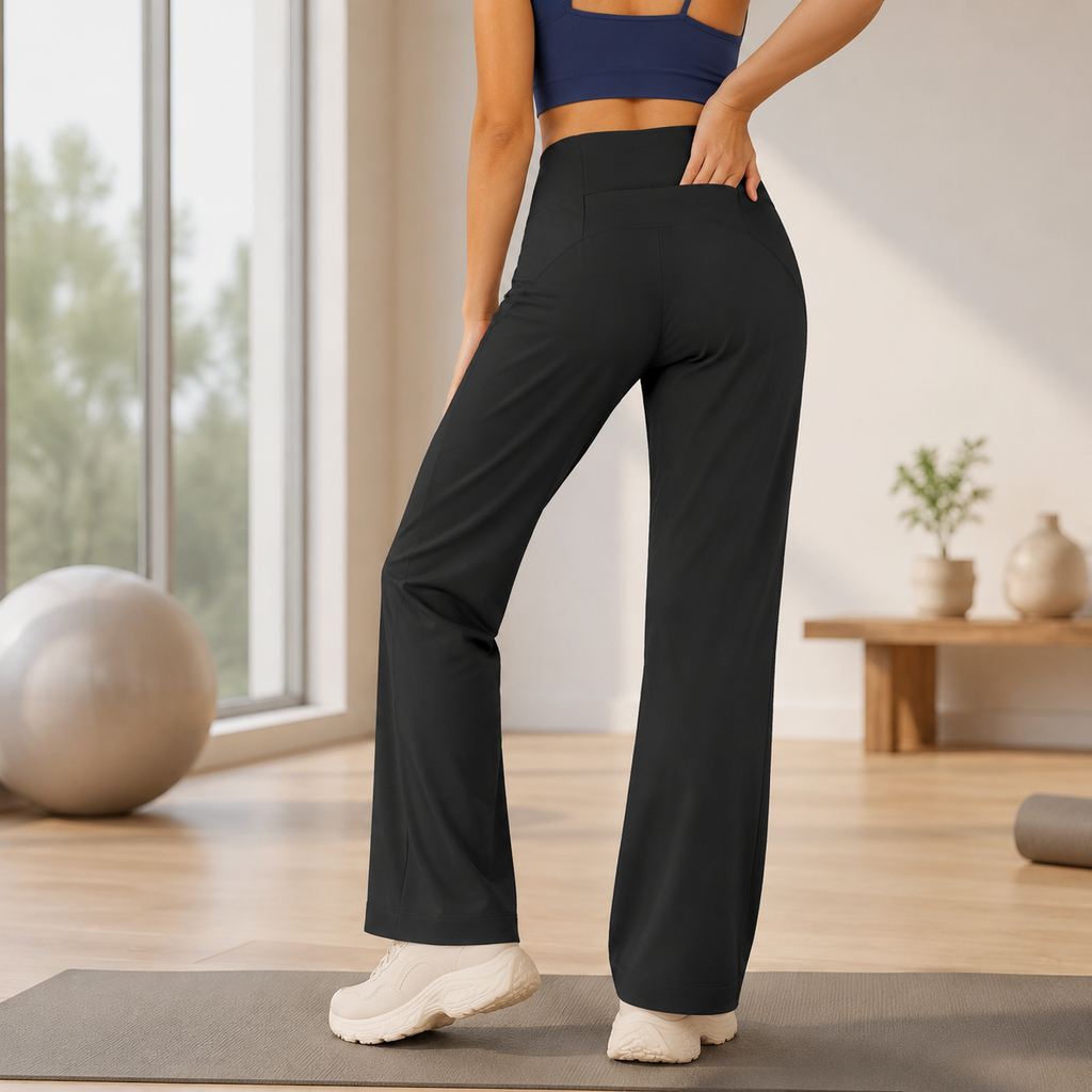 Black Womens High Waist Straight Leg Yoga Pants (S size)- Loose Fit Full Length Activewear with Rear Waistband Pocket for Pilates, Studio and Everyday Wear