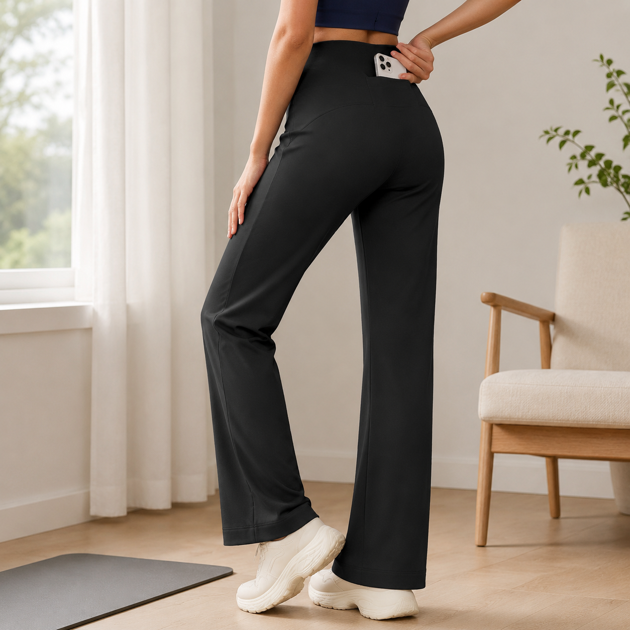 Black Womens High Waist Straight Leg Yoga Pants (S size)- Loose Fit Full Length Activewear with Rear Waistband Pocket for Pilates, Studio and Everyday Wear