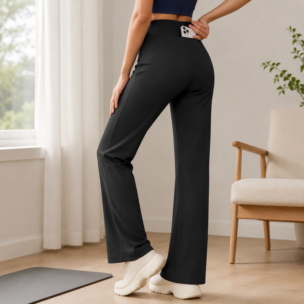 Black Womens High Waist Straight Leg Yoga Pants (M size)- Loose Fit Full Length Activewear with Rear Waistband Pocket for Pilates, Studio and Everyday Wear