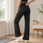 Black Womens High Waist Straight Leg Yoga Pants (M size)- Loose Fit Full Length Activewear with Rear Waistband Pocket for Pilates, Studio and Everyday Wear