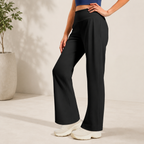 Black Womens High Waist Straight Leg Yoga Pants (L size)- Loose Fit Full Length Activewear with Rear Waistband Pocket for Pilates, Studio and Everyday Wear