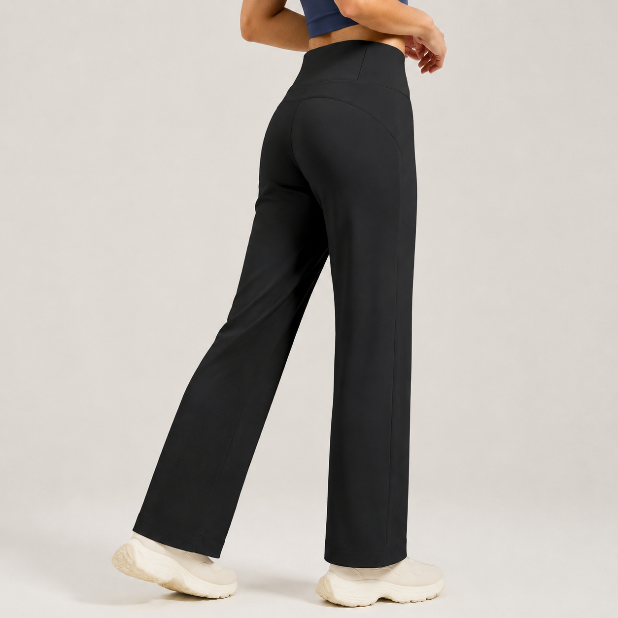 Black Womens High Waist Straight Leg Yoga Pants (L size)- Loose Fit Full Length Activewear with Rear Waistband Pocket for Pilates, Studio and Everyday Wear