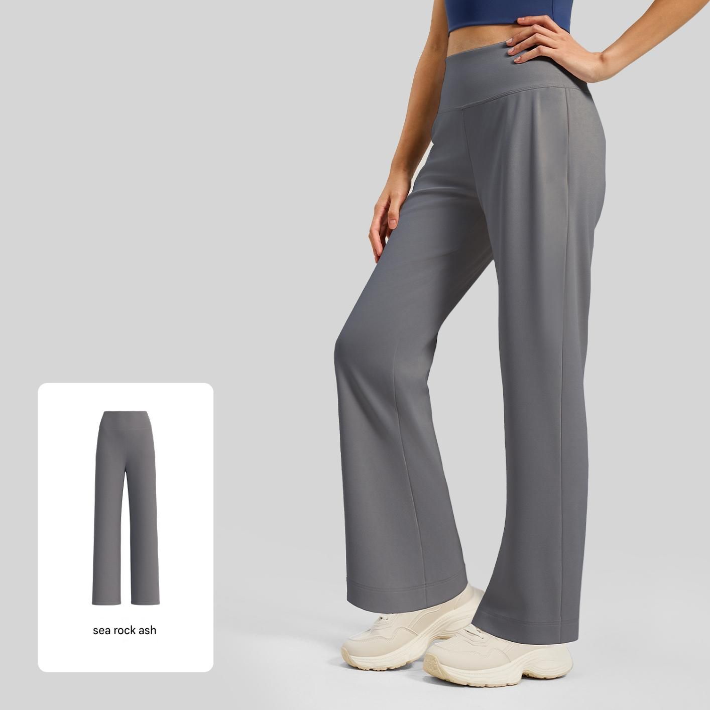 Women's High Waist Yoga Pants (L size)- Grey Loose Straight Leg Full Length Trousers with Rear Waist Pocket for Pilates, Studio Workouts, Lounging and Casual Wear