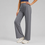 Women's High Waist Yoga Pants (XL size)- Grey Loose Straight Leg Full Length Trousers with Rear Waist Pocket for Pilates, Studio Workouts, Lounging and Casual Wear