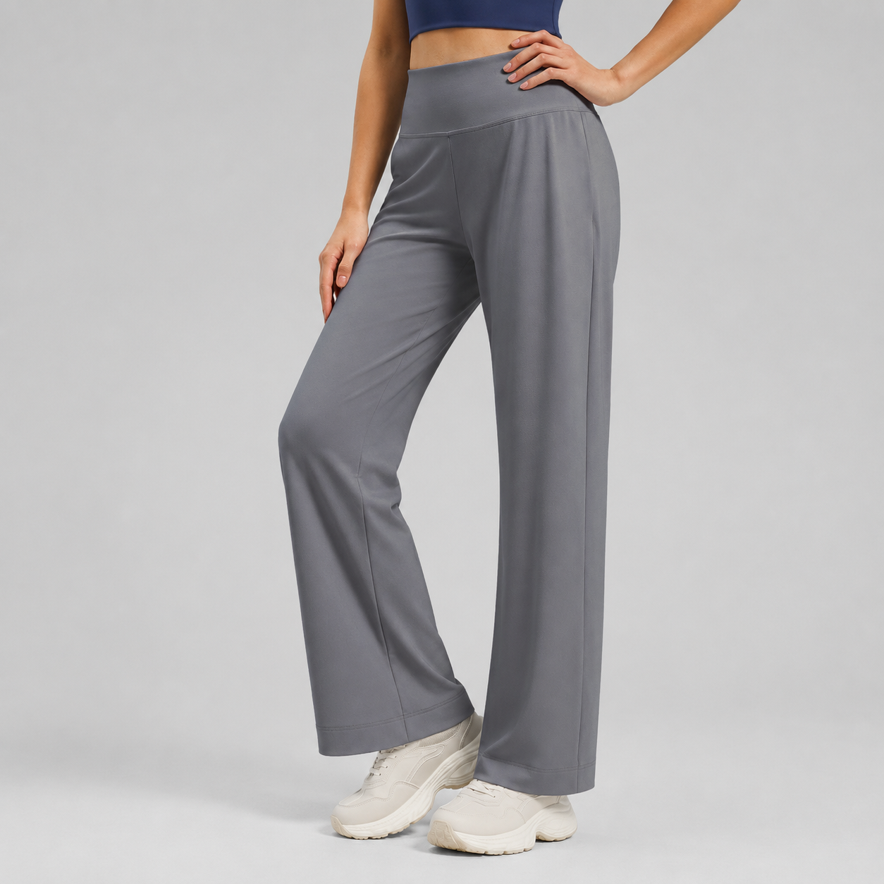 Women's High Waist Yoga Pants (XL size)- Grey Loose Straight Leg Full Length Trousers with Rear Waist Pocket for Pilates, Studio Workouts, Lounging and Casual Wear