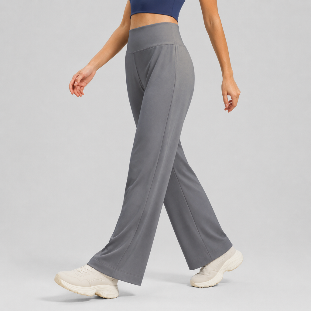Women's High Waist Yoga Pants (XXL size)- Grey Loose Straight Leg Full Length Trousers with Rear Waist Pocket for Pilates, Studio Workouts, Lounging and Casual Wear