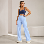 Women's High Waist Yoga Pants (XL size)- Blue Loose Straight Leg Full Length Trousers with Rear Waist Pocket for Pilates, Studio Workouts, Lounging and Casual Wear