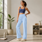 Women's High Waist Yoga Pants (XL size)- Blue Loose Straight Leg Full Length Trousers with Rear Waist Pocket for Pilates, Studio Workouts, Lounging and Casual Wear
