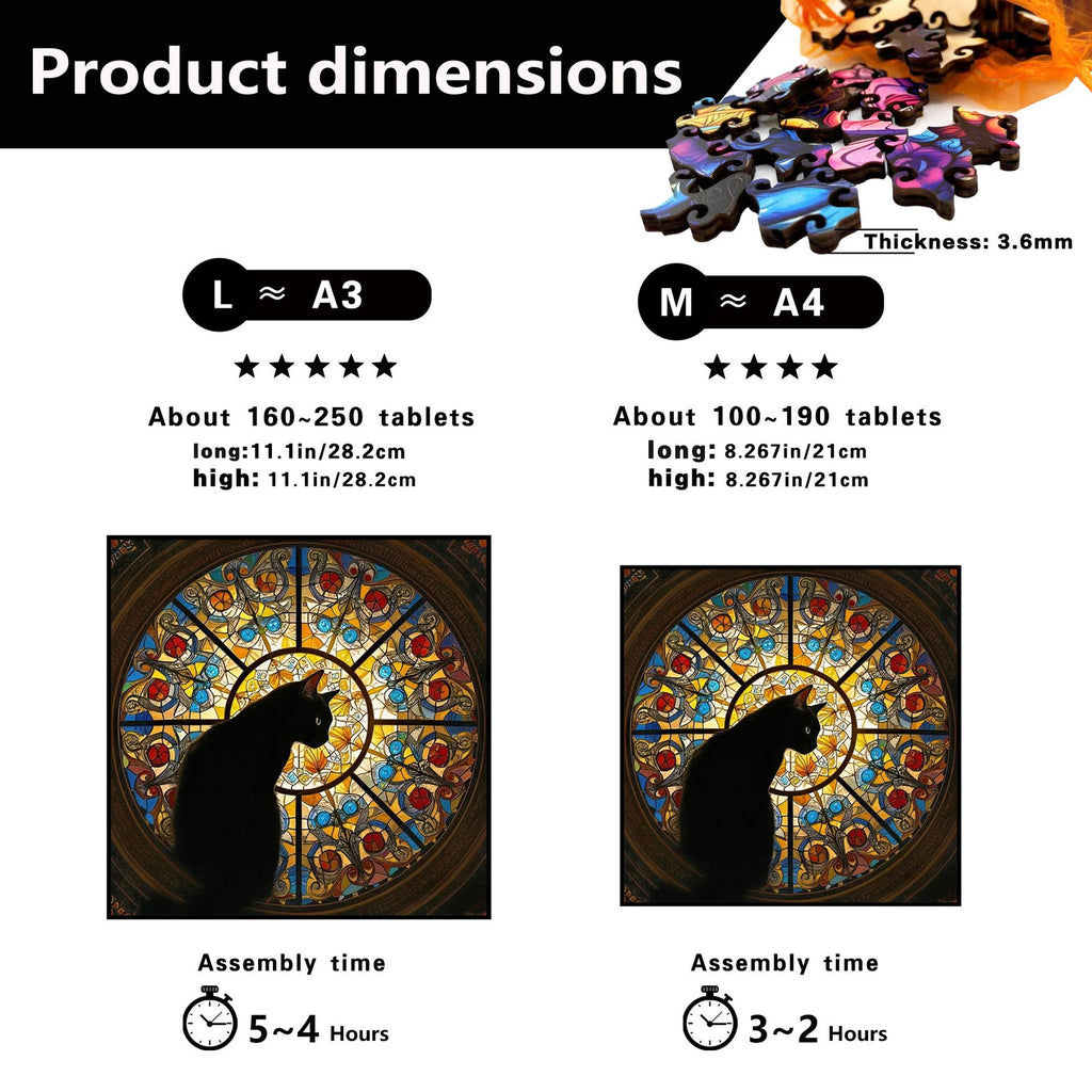 L size Cat Stained Glass Wooden Puzzle Irregular Shaped Jigsaw Puzzle High Difficulty Wooden Brain Teaser Cathedral Black Cat Mosaic Puzzle Gift for Puzzle Lovers Home Decor