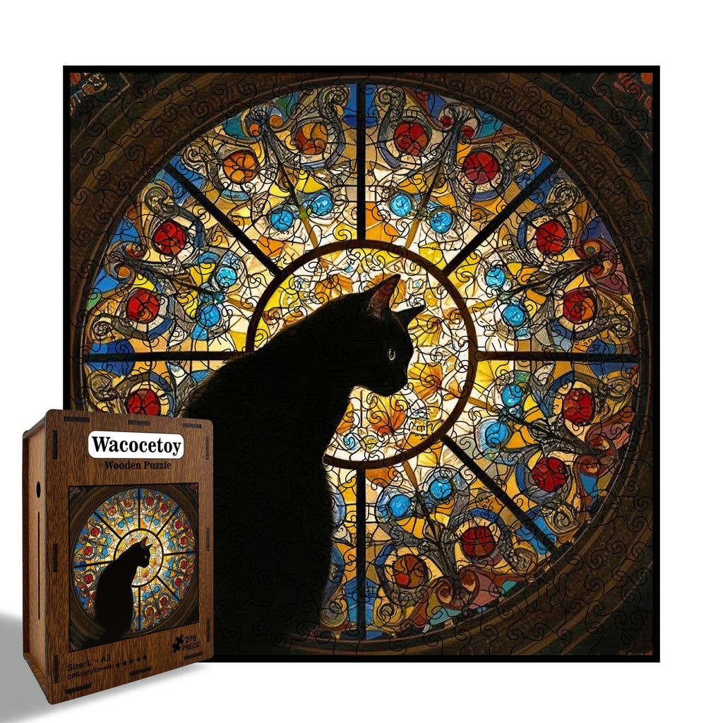 L size Cat Stained Glass Wooden Puzzle Irregular Shaped Jigsaw Puzzle High Difficulty Wooden Brain Teaser Cathedral Black Cat Mosaic Puzzle Gift for Puzzle Lovers Home Decor