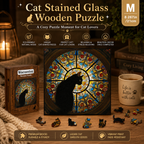 M size Cat Stained Glass Wooden Puzzle Irregular Shaped Jigsaw Puzzle High Difficulty Wooden Brain Teaser Cathedral Black Cat Mosaic Puzzle Gift for Puzzle Lovers Home Decor