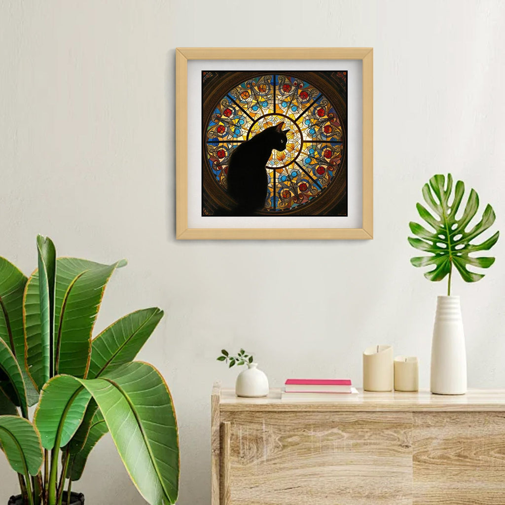 M size Cat Stained Glass Wooden Puzzle Irregular Shaped Jigsaw Puzzle High Difficulty Wooden Brain Teaser Cathedral Black Cat Mosaic Puzzle Gift for Puzzle Lovers Home Decor