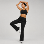 Women's High Waist Skirted Flare Yoga Pants with Adjustable Ruched Drawstring (S size)- Black Faux Two Piece Bootcut Leggings for Pilates, Gym Workout, Running, Dance and Everyday Wear