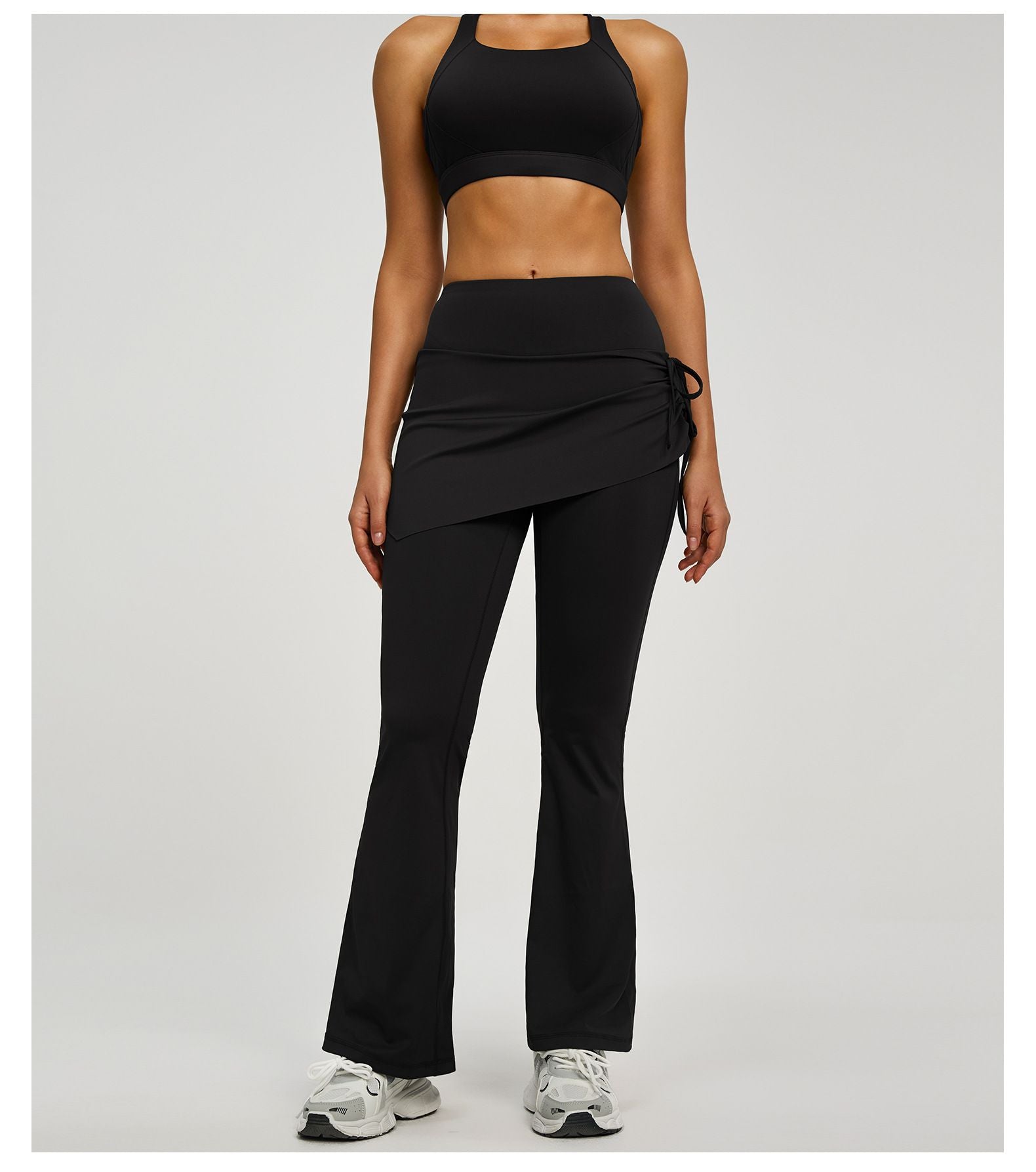 Women's High Waist Skirted Flare Yoga Pants with Adjustable Ruched Drawstring (M size)- Black Faux Two Piece Bootcut Leggings for Pilates, Gym Workout, Running, Dance and Everyday Wear
