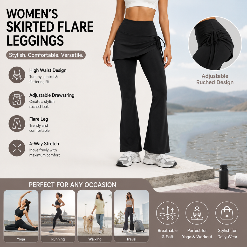 Women's High Waist Skirted Flare Yoga Pants with Adjustable Ruched Drawstring (L size)- Black Faux Two Piece Bootcut Leggings for Pilates, Gym Workout, Running, Dance and Everyday Wear