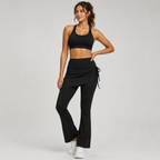 Women's High Waist Skirted Flare Yoga Pants with Adjustable Ruched Drawstring (L size)- Black Faux Two Piece Bootcut Leggings for Pilates, Gym Workout, Running, Dance and Everyday Wear