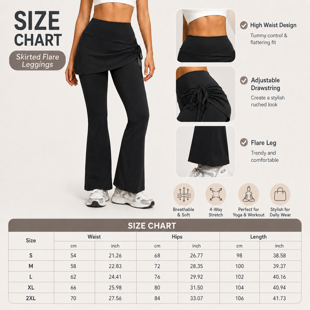 Women's High Waist Skirted Flare Yoga Pants with Adjustable Ruched Drawstring (L size)- Black Faux Two Piece Bootcut Leggings for Pilates, Gym Workout, Running, Dance and Everyday Wear