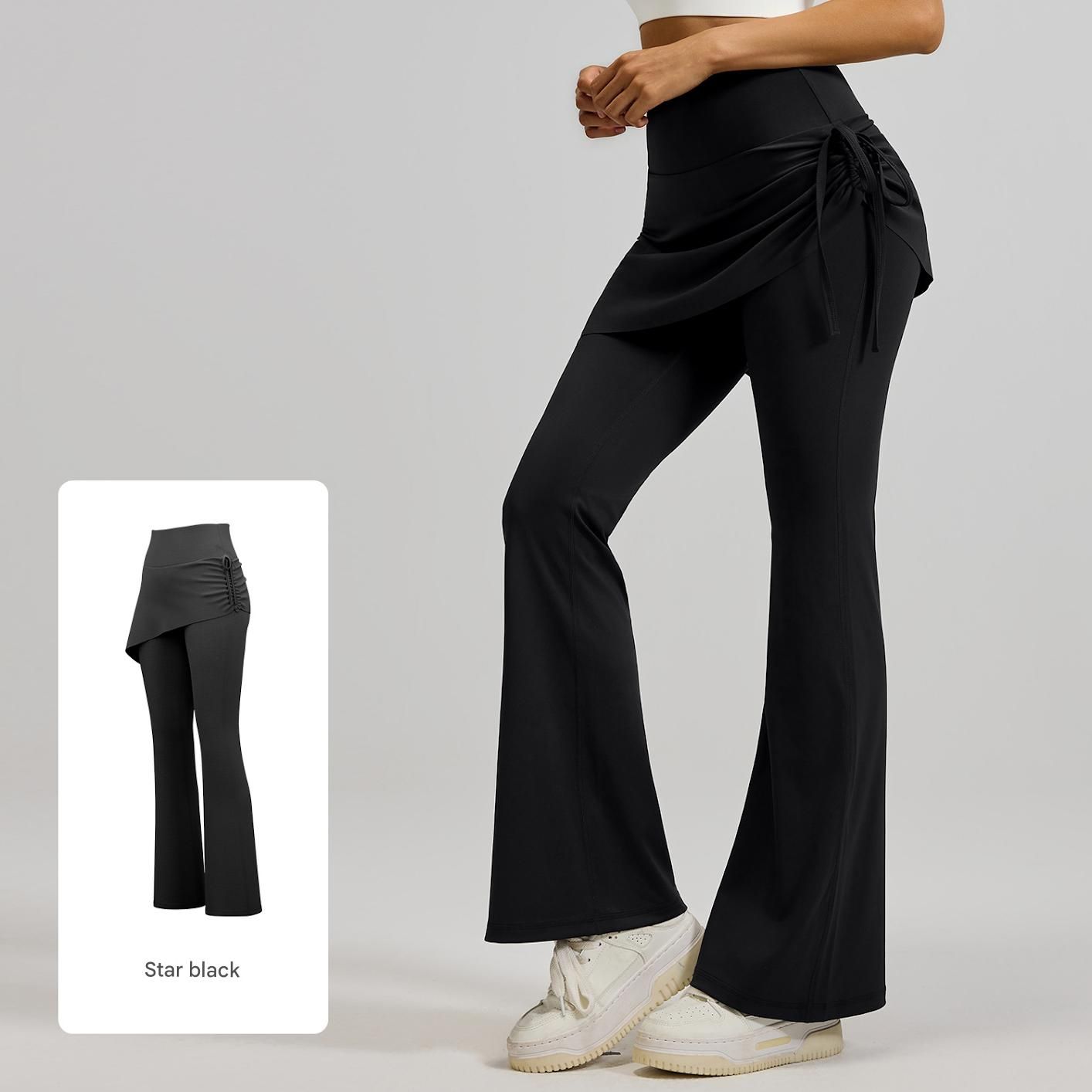 Women's High Waist Skirted Flare Yoga Pants with Adjustable Ruched Drawstring (XL size)- Black Faux Two Piece Bootcut Leggings for Pilates, Gym Workout, Running, Dance and Everyday Wear