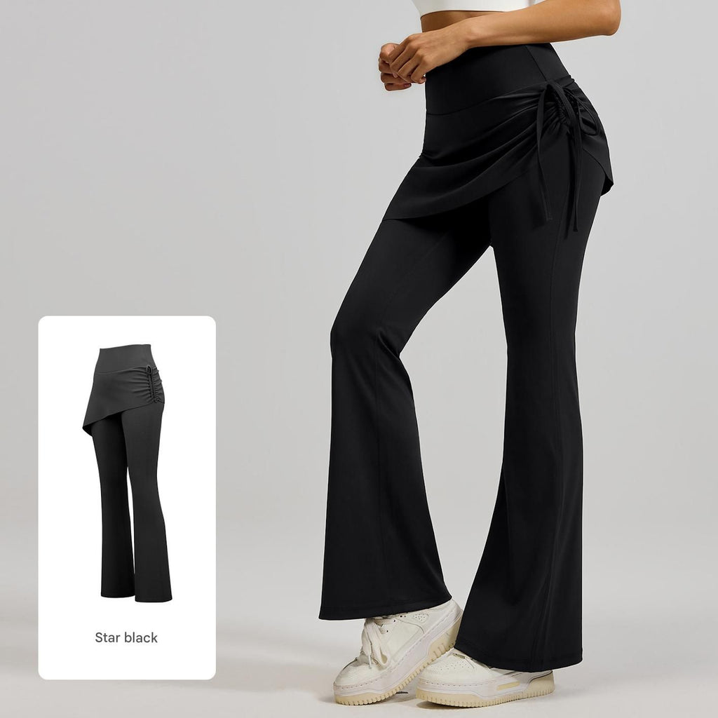 Women's High Waist Skirted Flare Yoga Pants with Adjustable Ruched Drawstring (XXL size)- Black Faux Two Piece Bootcut Leggings for Pilates, Gym Workout, Running, Dance and Everyday Wear