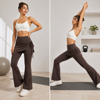 Women's High Waist Skirted Flare Yoga Pants with Adjustable Ruched Drawstring (M size)- Coffee brown Faux Two Piece Bootcut Leggings for Pilates, Gym Workout, Running, Dance and Everyday Wear
