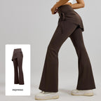 Women's High Waist Skirted Flare Yoga Pants with Adjustable Ruched Drawstring (M size)- Coffee brown Faux Two Piece Bootcut Leggings for Pilates, Gym Workout, Running, Dance and Everyday Wear
