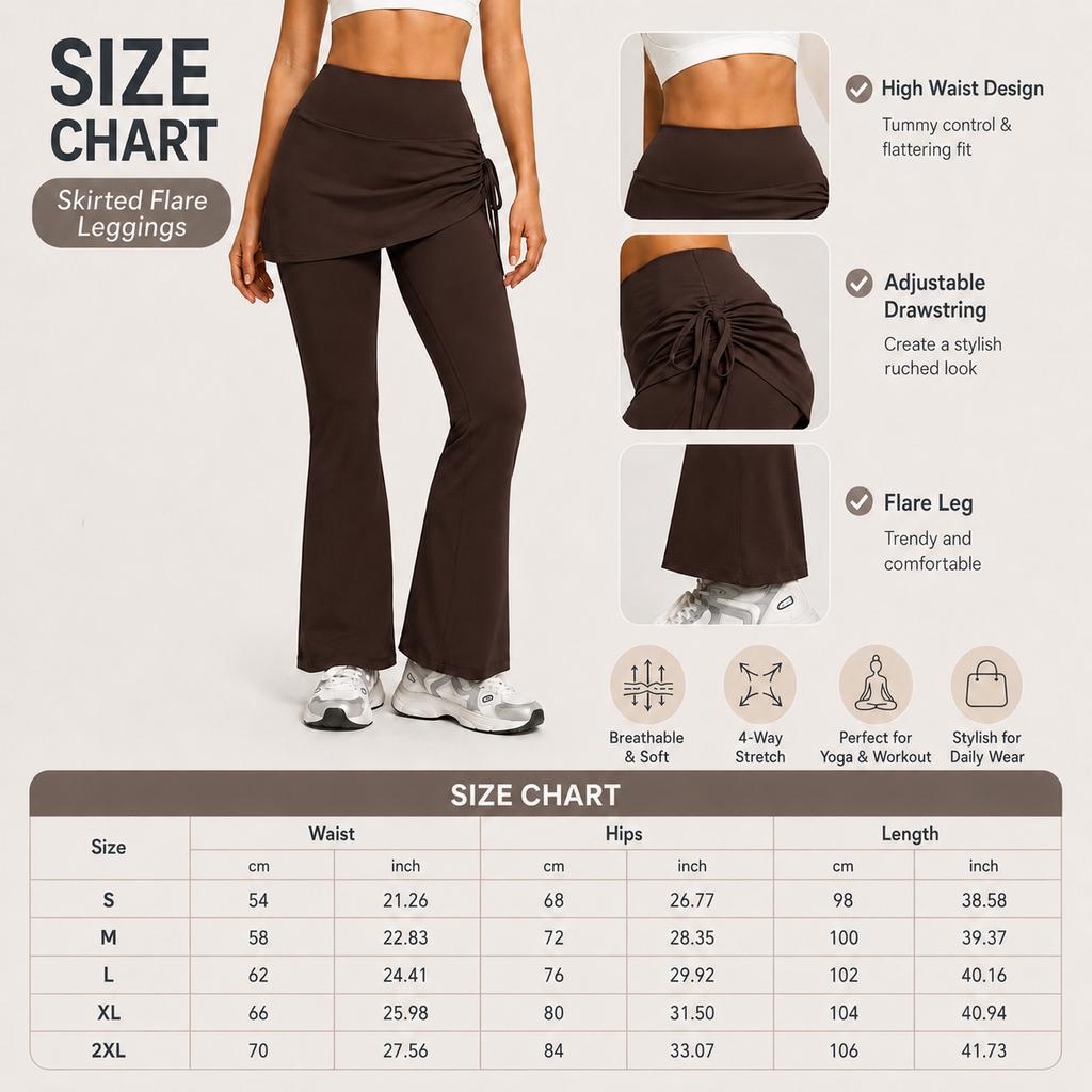 Women's High Waist Skirted Flare Yoga Pants with Adjustable Ruched Drawstring (M size)- Coffee brown Faux Two Piece Bootcut Leggings for Pilates, Gym Workout, Running, Dance and Everyday Wear