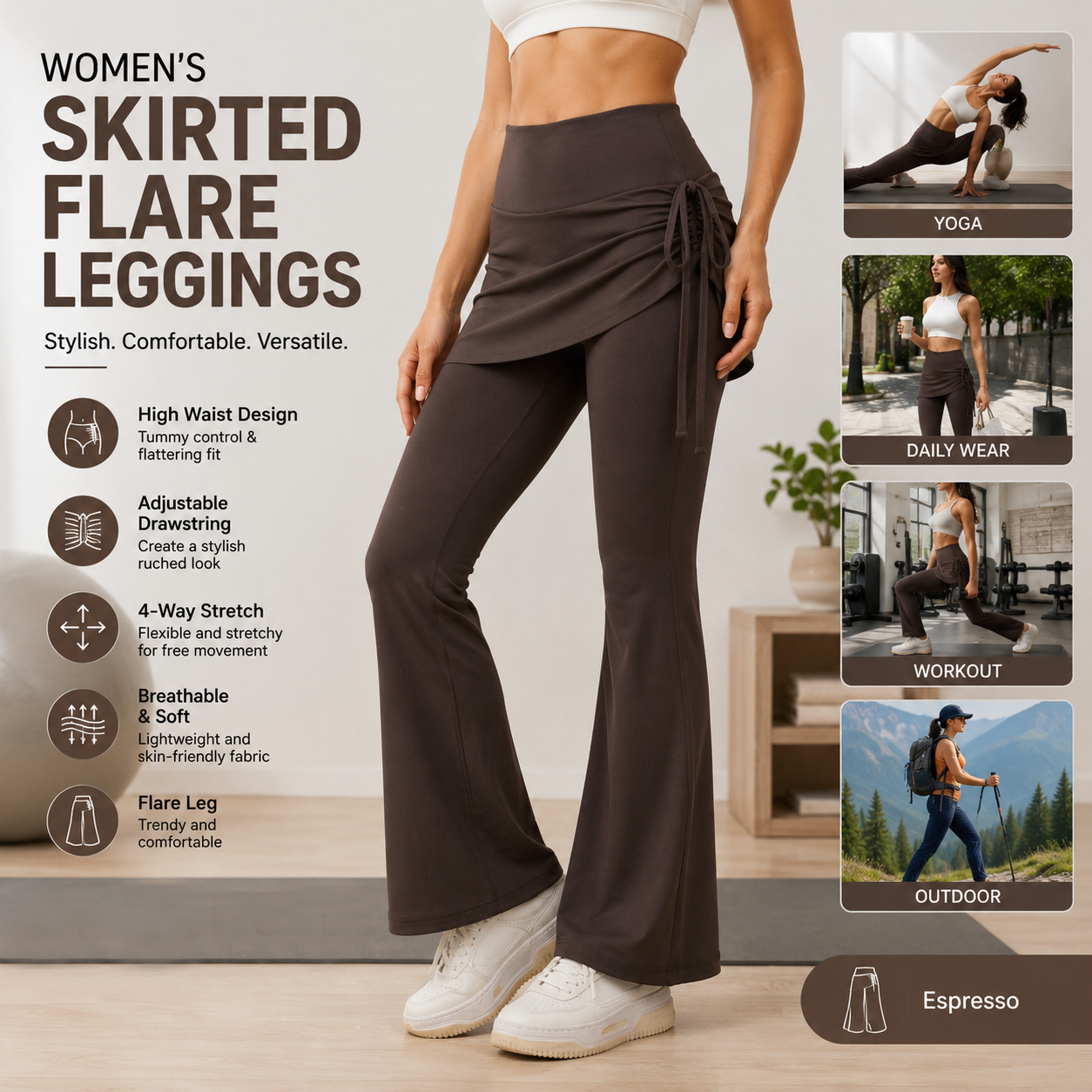 Women's High Waist Skirted Flare Yoga Pants with Adjustable Ruched Drawstring (XL size)- Coffee brown Faux Two Piece Bootcut Leggings for Pilates, Gym Workout, Running, Dance and Everyday Wear