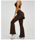 Women's High Waist Skirted Flare Yoga Pants with Adjustable Ruched Drawstring (XL size)- Coffee brown Faux Two Piece Bootcut Leggings for Pilates, Gym Workout, Running, Dance and Everyday Wear