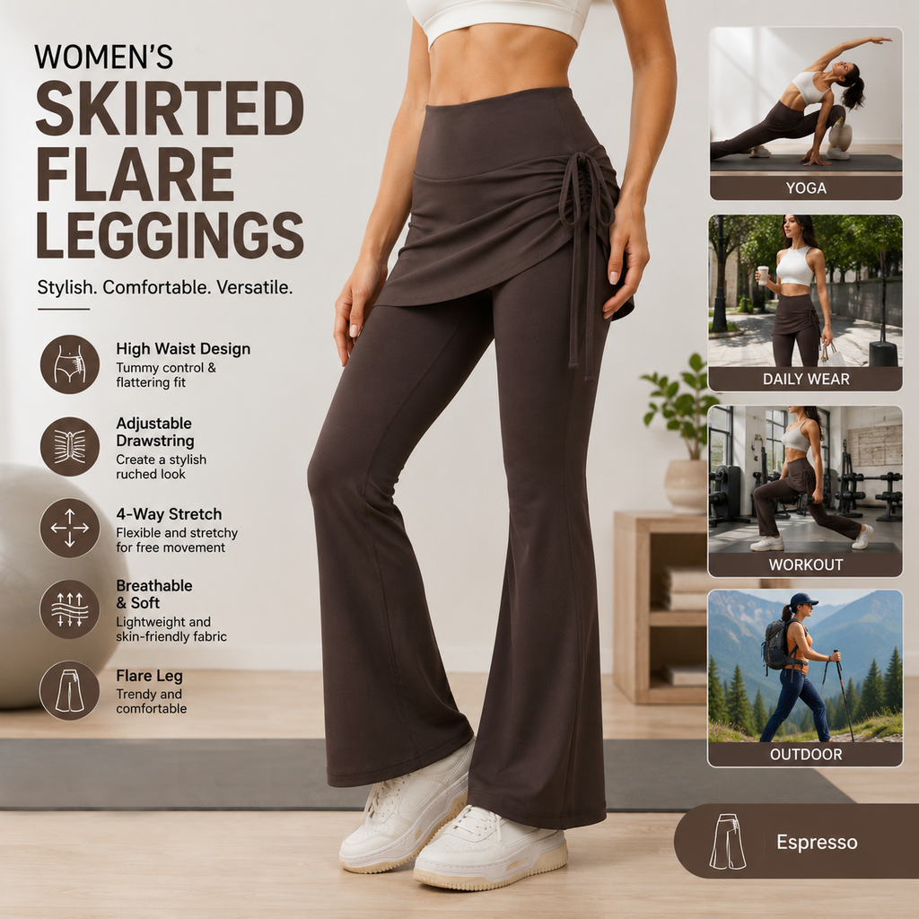 Women's High Waist Skirted Flare Yoga Pants with Adjustable Ruched Drawstring (XXL size)- Coffee brown Faux Two Piece Bootcut Leggings for Pilates, Gym Workout, Running, Dance and Everyday Wear