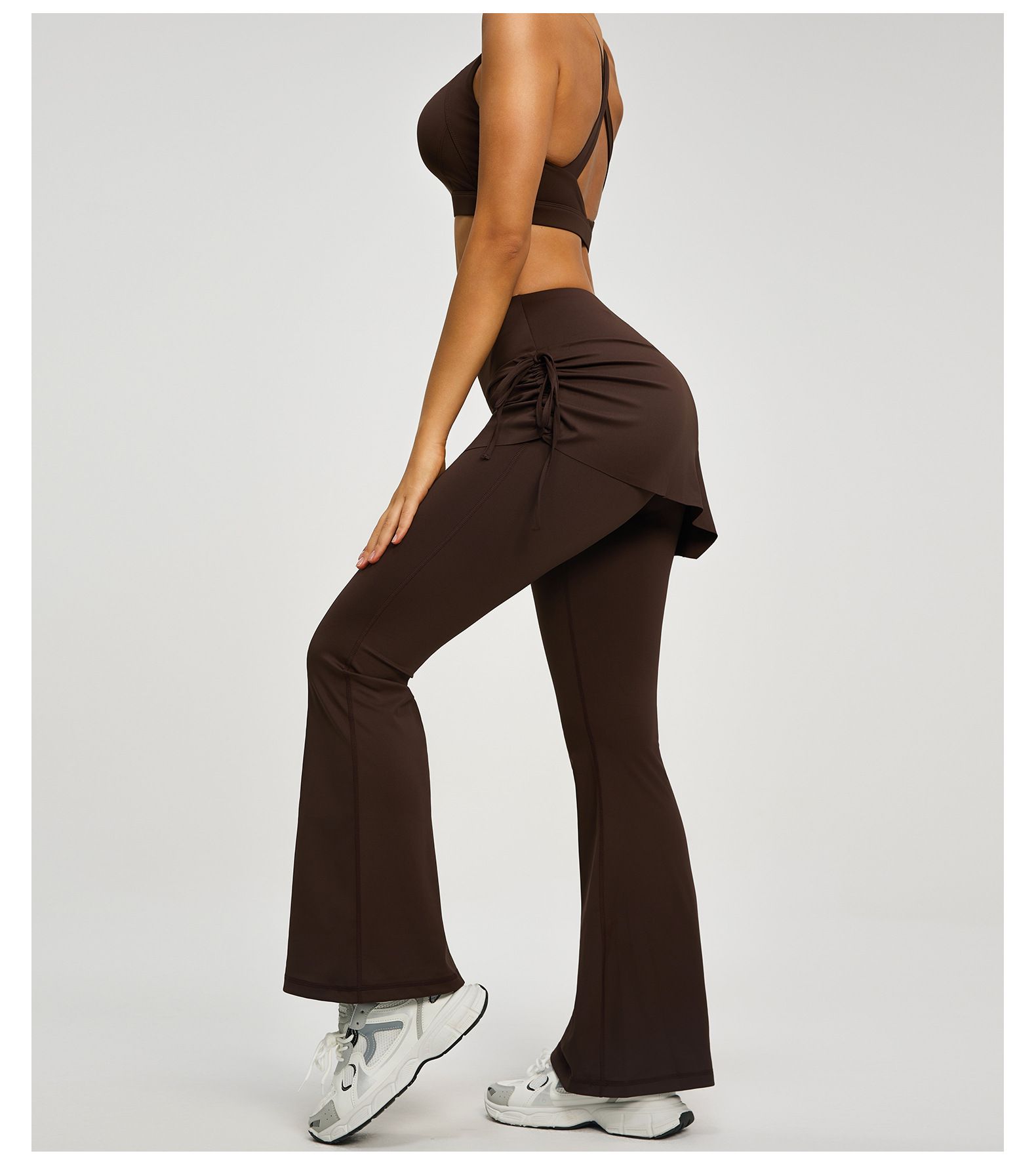 Women's High Waist Skirted Flare Yoga Pants with Adjustable Ruched Drawstring (XXL size)- Coffee brown Faux Two Piece Bootcut Leggings for Pilates, Gym Workout, Running, Dance and Everyday Wear