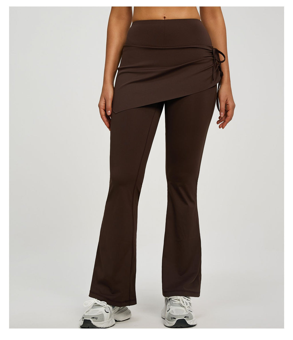 Women's High Waist Skirted Flare Yoga Pants with Adjustable Ruched Drawstring (XXL size)- Coffee brown Faux Two Piece Bootcut Leggings for Pilates, Gym Workout, Running, Dance and Everyday Wear