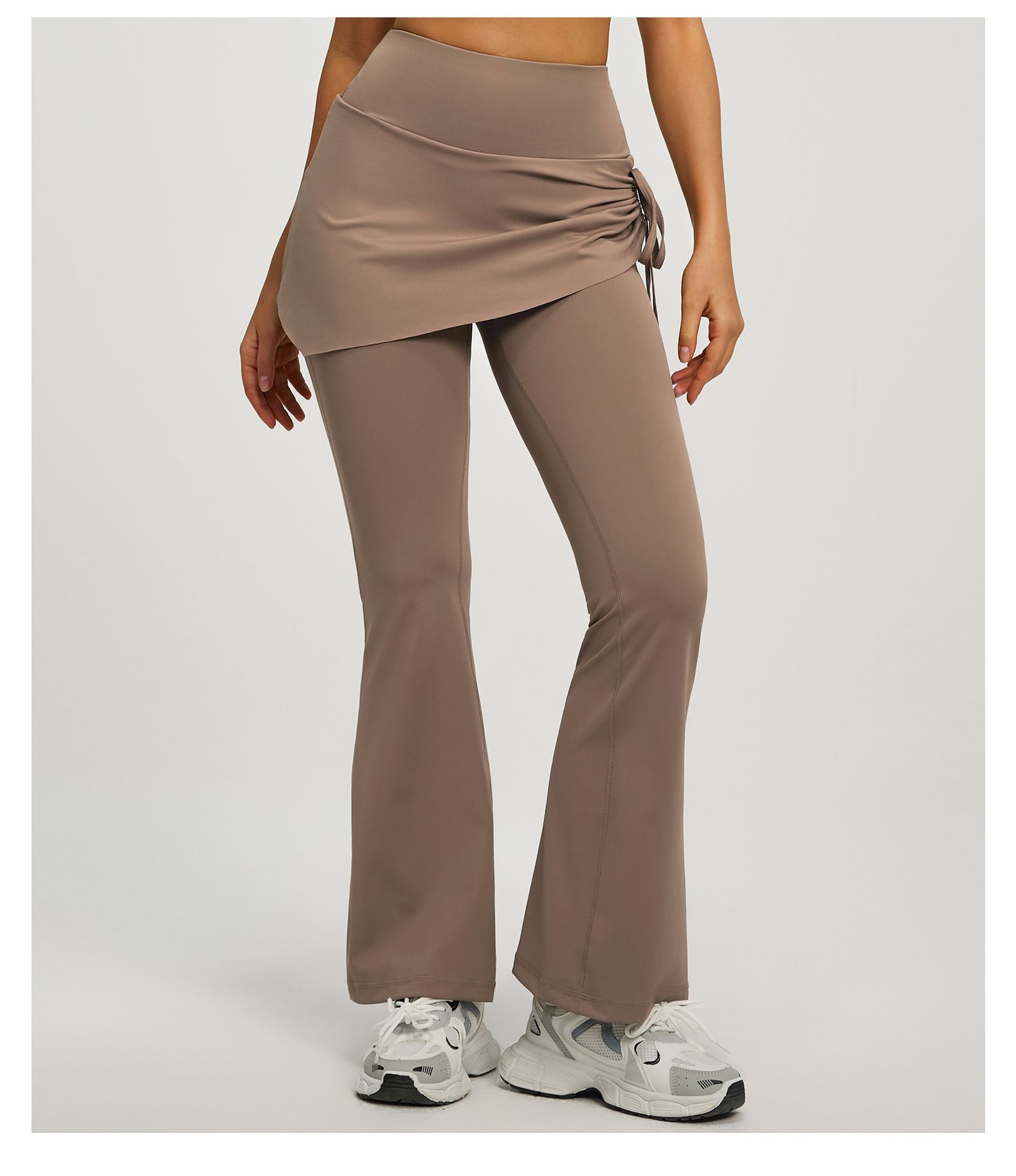 Women's High Waist Skirted Flare Yoga Pants with Adjustable Ruched Drawstring (S size)-Light brown Faux Two Piece Bootcut Leggings for Pilates, Gym Workout, Running, Dance and Everyday Wear