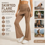 Women's High Waist Skirted Flare Yoga Pants with Adjustable Ruched Drawstring (M size)- Light brown Faux Two Piece Bootcut Leggings for Pilates, Gym Workout, Running, Dance and Everyday Wear