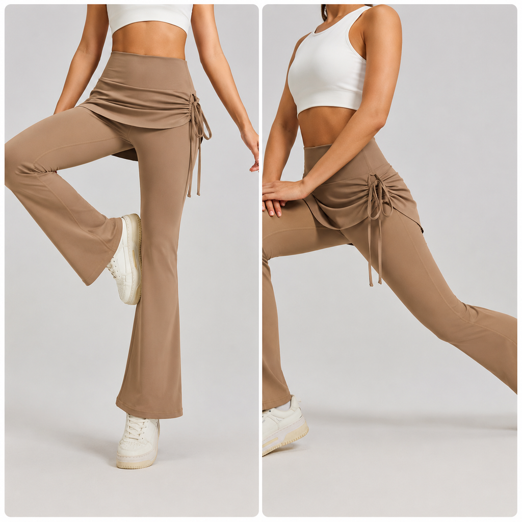 Women's High Waist Skirted Flare Yoga Pants with Adjustable Ruched Drawstring (L size)- Light brown Faux Two Piece Bootcut Leggings for Pilates, Gym Workout, Running, Dance and Everyday Wear
