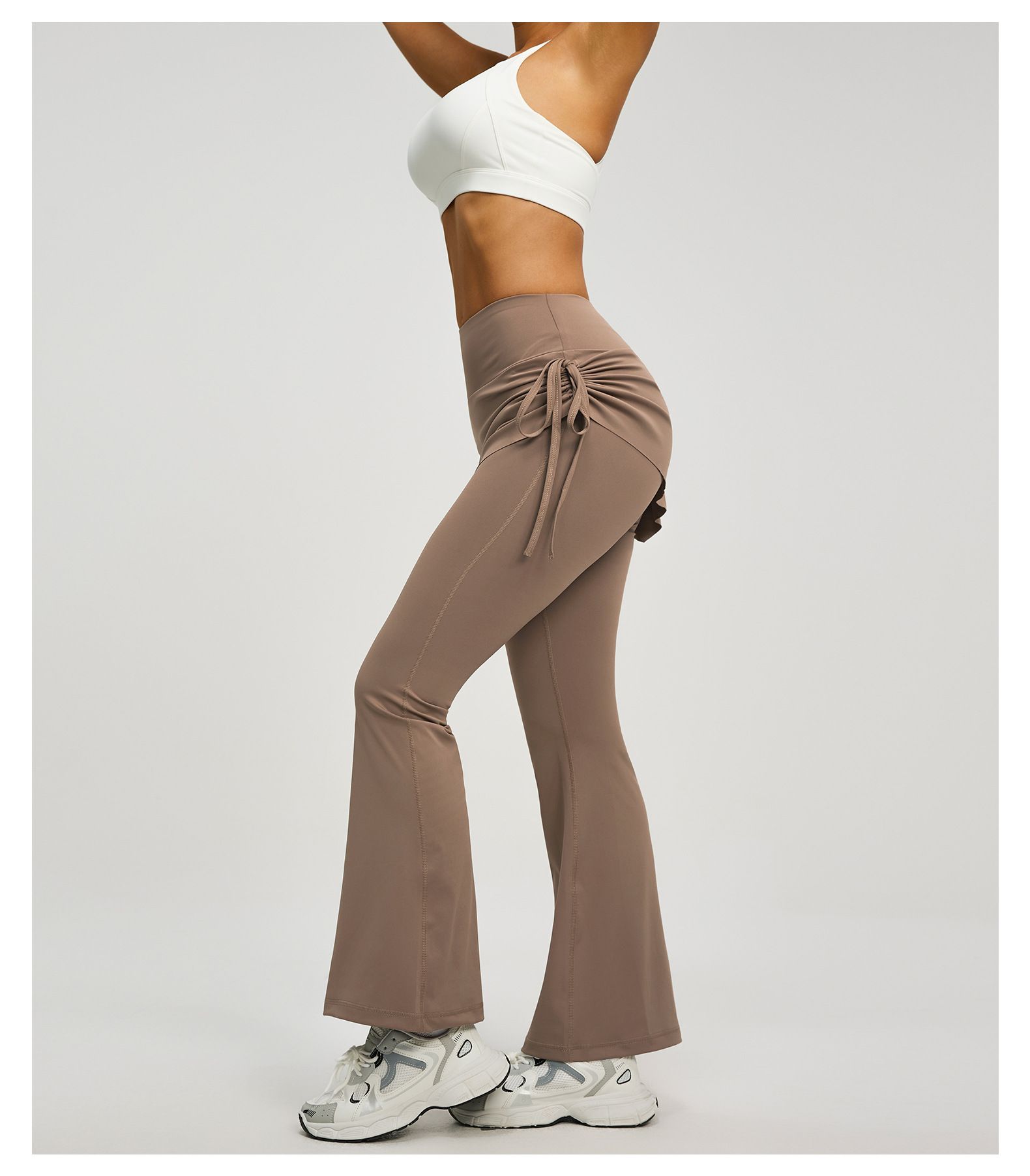 Women's High Waist Skirted Flare Yoga Pants with Adjustable Ruched Drawstring (L size)- Light brown Faux Two Piece Bootcut Leggings for Pilates, Gym Workout, Running, Dance and Everyday Wear