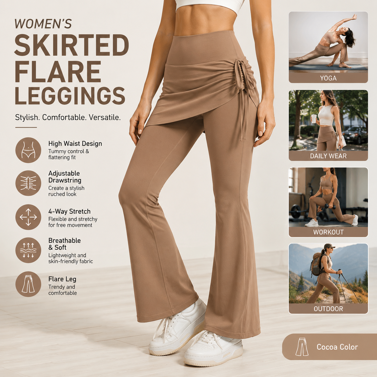 Women's High Waist Skirted Flare Yoga Pants with Adjustable Ruched Drawstring (XL size)- Light brown Faux Two Piece Bootcut Leggings for Pilates, Gym Workout, Running, Dance and Everyday Wear
