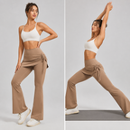 Women's High Waist Skirted Flare Yoga Pants with Adjustable Ruched Drawstring (XL size)- Light brown Faux Two Piece Bootcut Leggings for Pilates, Gym Workout, Running, Dance and Everyday Wear