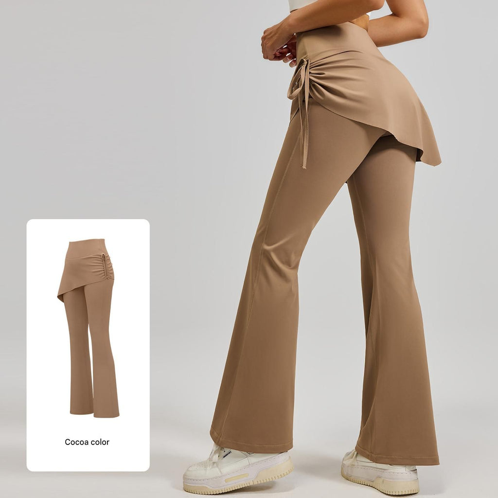 Women's High Waist Skirted Flare Yoga Pants with Adjustable Ruched Drawstring (XL size)- Light brown Faux Two Piece Bootcut Leggings for Pilates, Gym Workout, Running, Dance and Everyday Wear